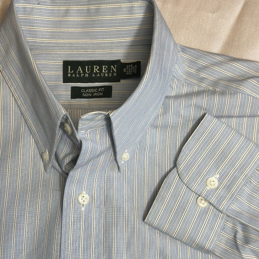 Lauren Ralph Lauren Mens Sz 16 Blue Stripe Cotton Classic‎ Fit Long Sleeve Shirt